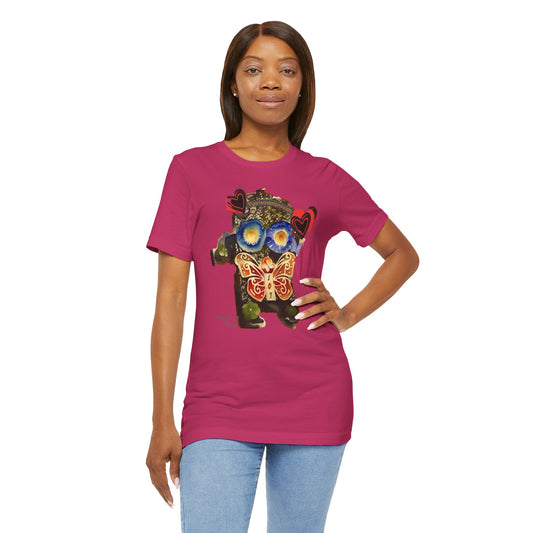 Artistic Robot Unisex Short Sleeve Tee - Butterfly Design with Heart Accents